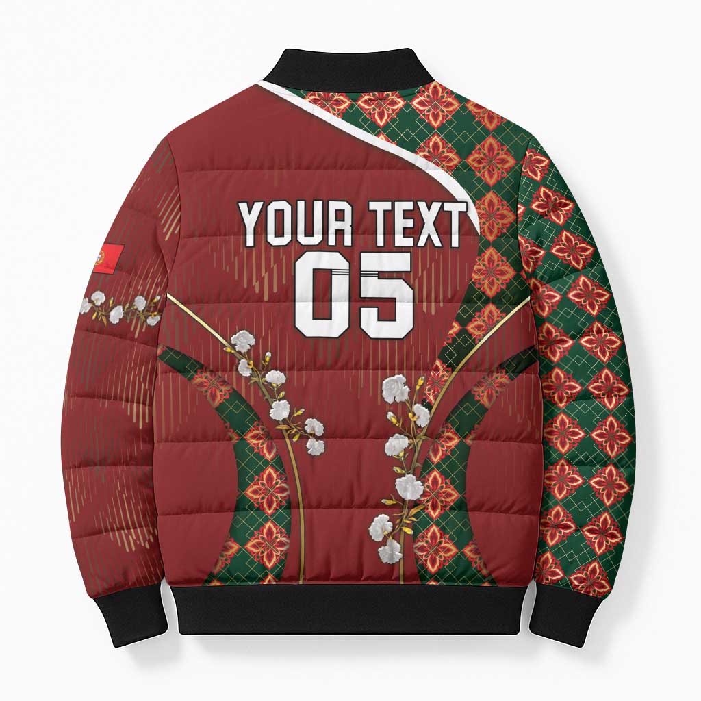 Custom Portugal Football Bomber Puffer Jacket Floral Gold Carnation Crest Pattern Gold Accents