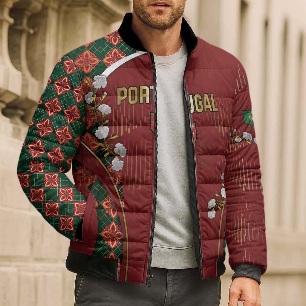 Custom Portugal Football Bomber Puffer Jacket Floral Gold Carnation Crest Pattern Gold Accents