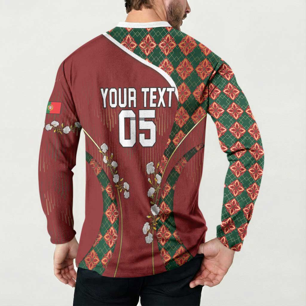 Custom Portugal Football Button Sweatshirt Floral Gold Carnation Crest Pattern Gold Accents