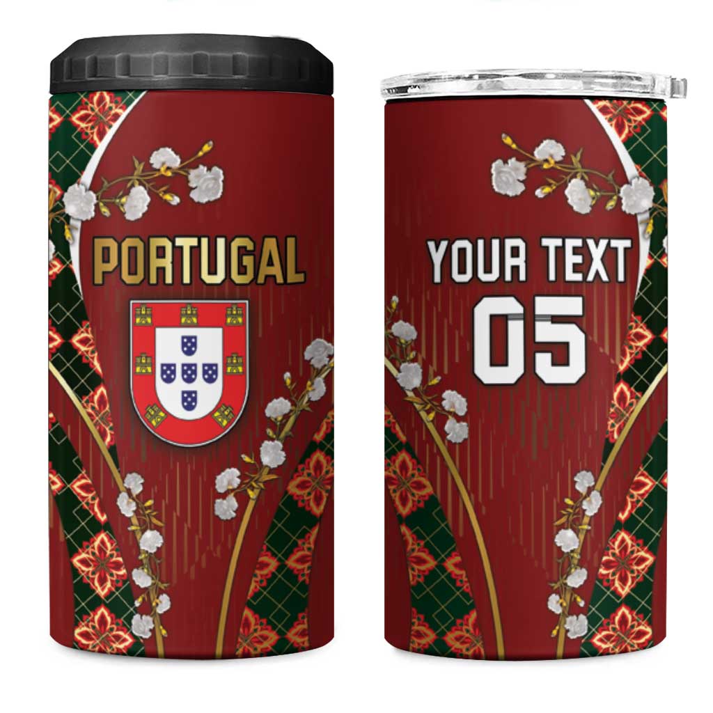 Custom Portugal Football 4 in 1 Can Cooler Tumbler Floral Gold Carnation Crest Pattern Gold Accents