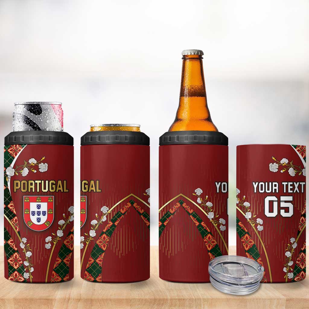 Custom Portugal Football 4 in 1 Can Cooler Tumbler Floral Gold Carnation Crest Pattern Gold Accents
