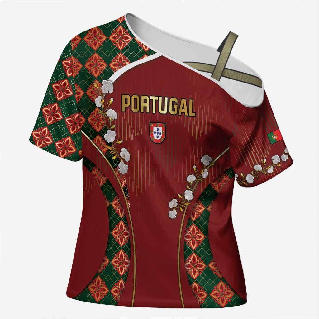 Custom Portugal Football Cross Shoulder Shirt Floral Gold Carnation Crest Pattern Gold Accents