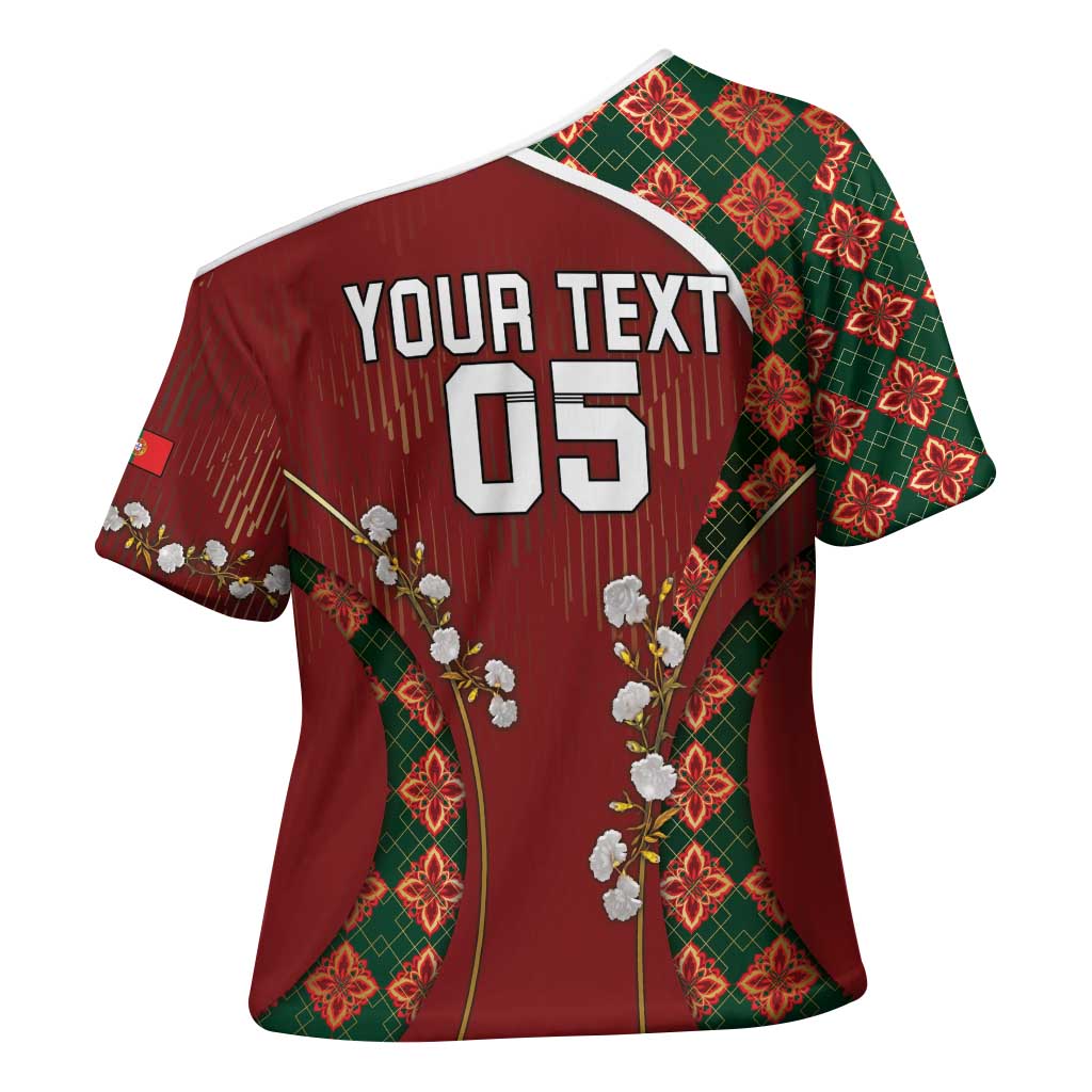 Custom Portugal Football Cross Shoulder Shirt Floral Gold Carnation Crest Pattern Gold Accents