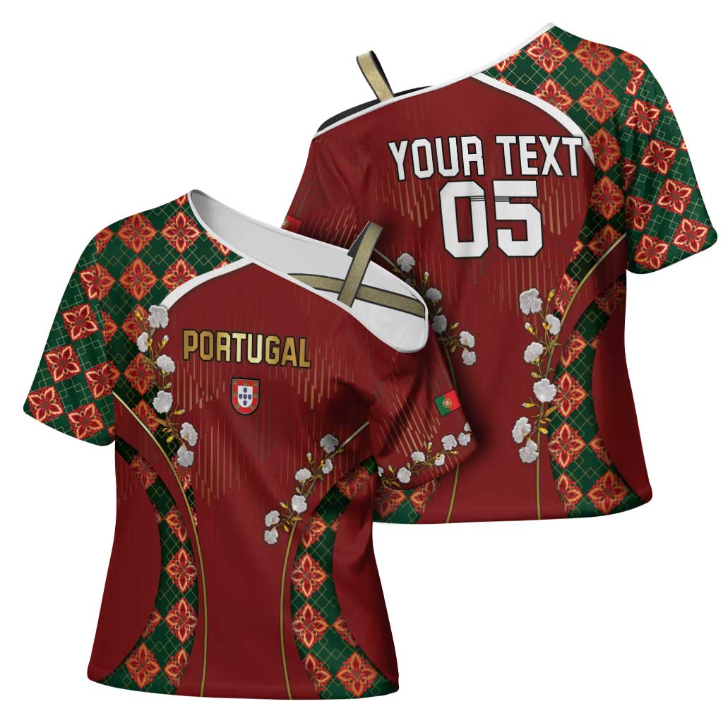 Custom Portugal Football Cross Shoulder Shirt Floral Gold Carnation Crest Pattern Gold Accents