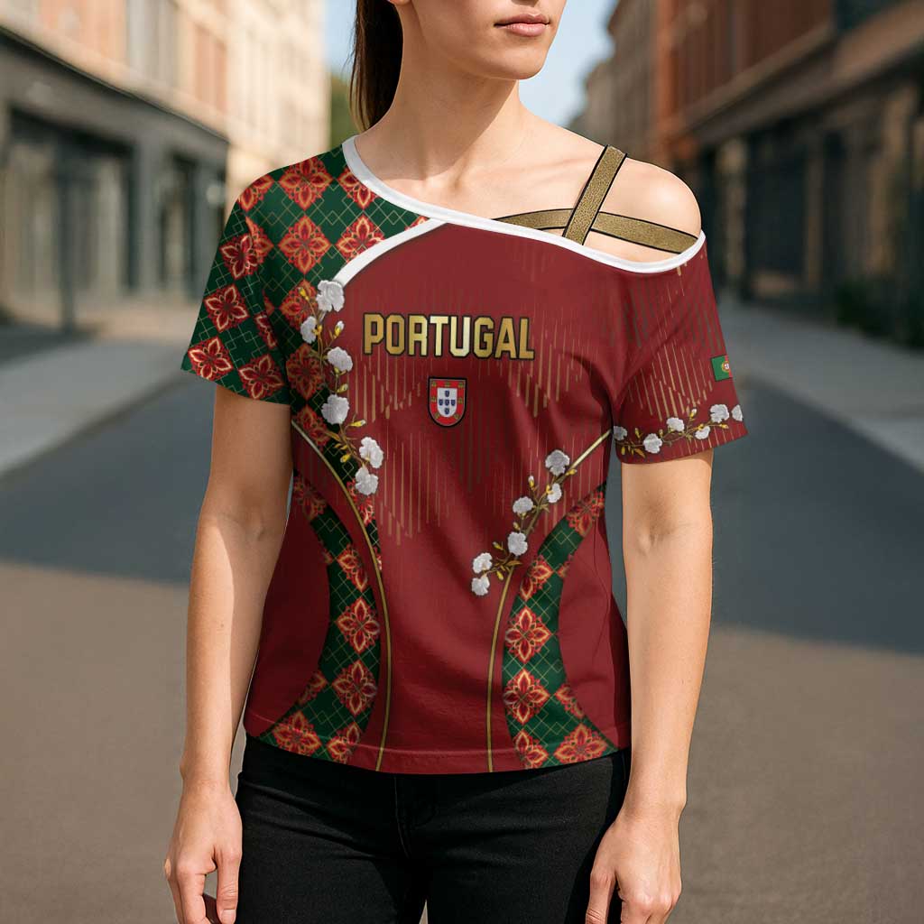 Custom Portugal Football Cross Shoulder Shirt Floral Gold Carnation Crest Pattern Gold Accents