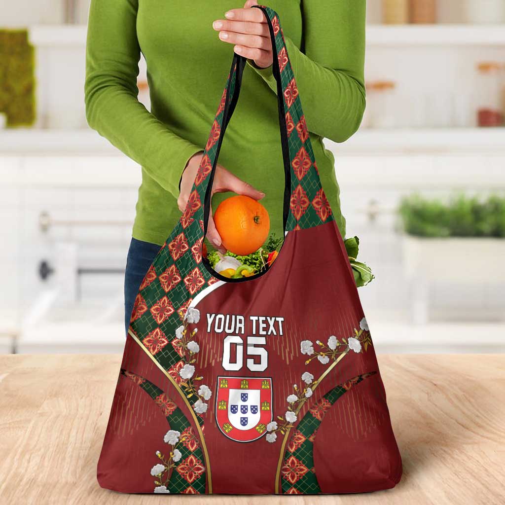 Custom Portugal Football Grocery Bag Floral Gold Carnation Crest Pattern Gold Accents