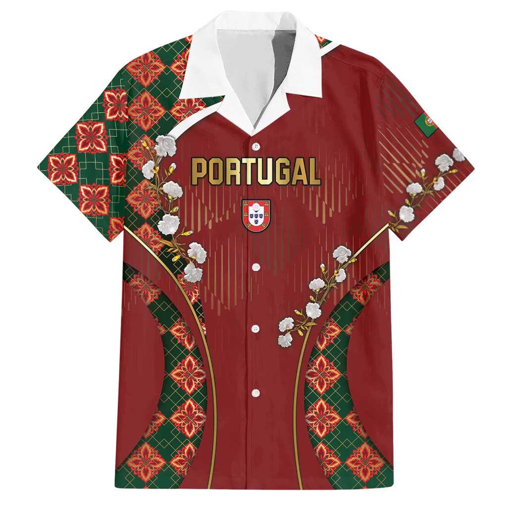 Custom Portugal Football Hawaiian Shirt Floral Gold Carnation Crest Pattern Gold Accents