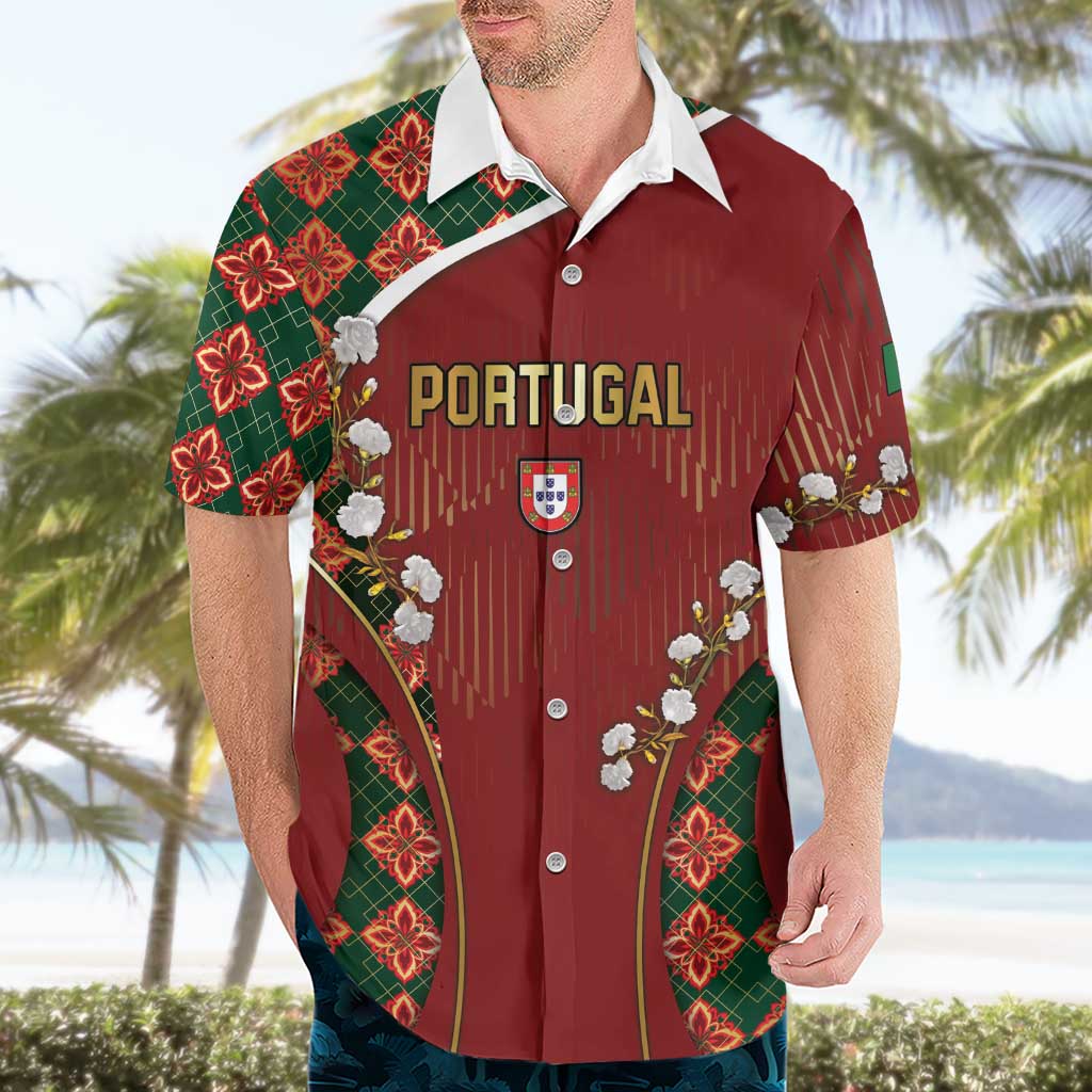 Custom Portugal Football Hawaiian Shirt Floral Gold Carnation Crest Pattern Gold Accents