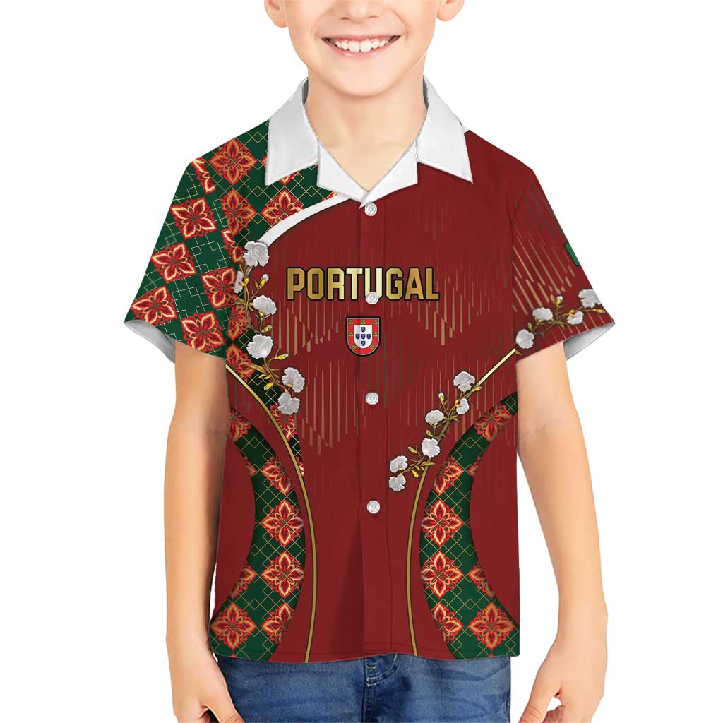 Custom Portugal Football Hawaiian Shirt Floral Gold Carnation Crest Pattern Gold Accents