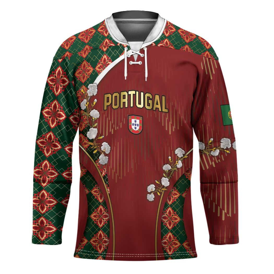 Custom Portugal Football Hockey Jersey Floral Gold Carnation Crest Pattern Gold Accents
