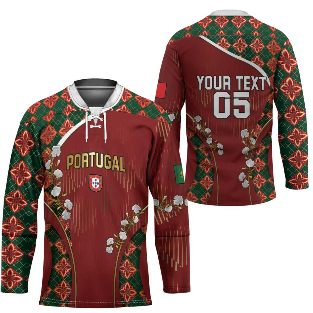 Custom Portugal Football Hockey Jersey Floral Gold Carnation Crest Pattern Gold Accents