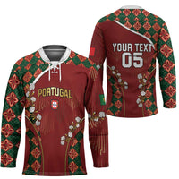 Custom Portugal Football Hockey Jersey Floral Gold Carnation Crest Pattern Gold Accents