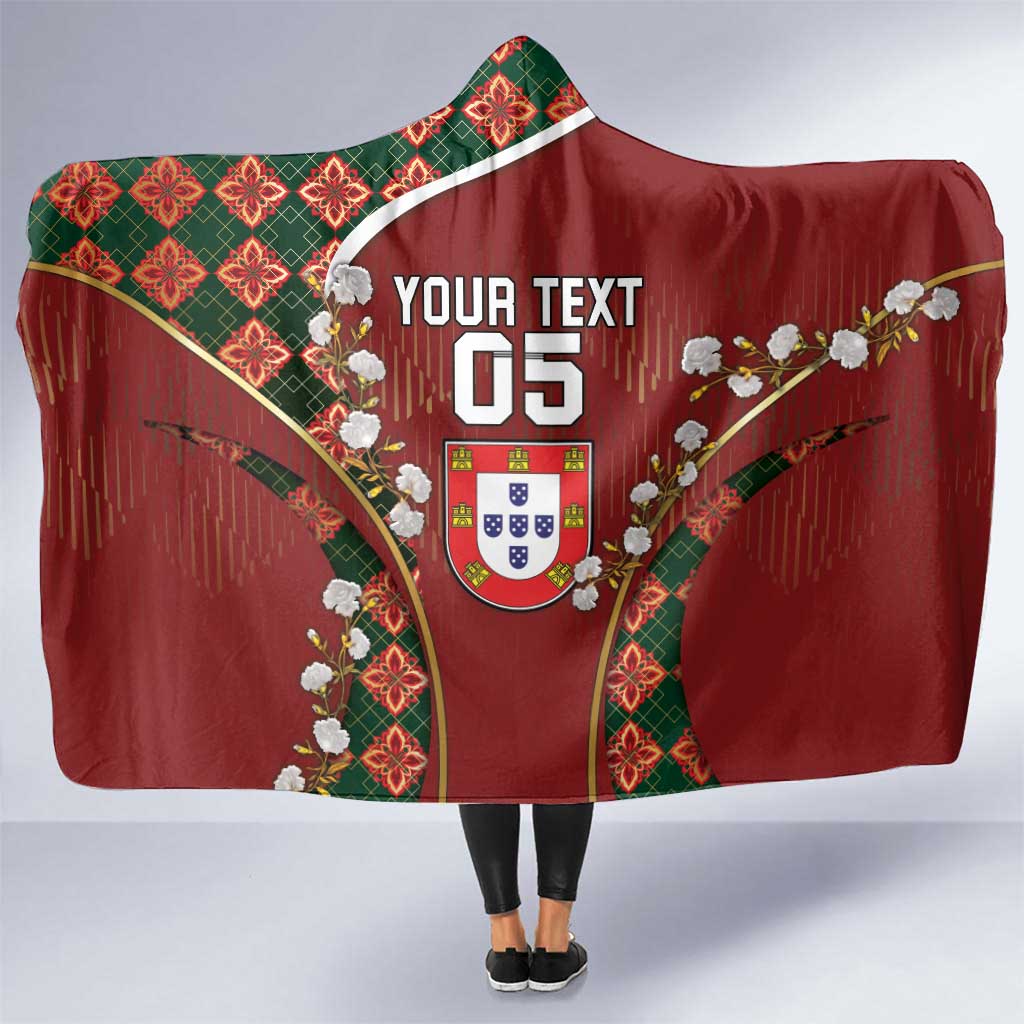 Custom Portugal Football Hooded Blanket Floral Gold Carnation Crest Pattern Gold Accents