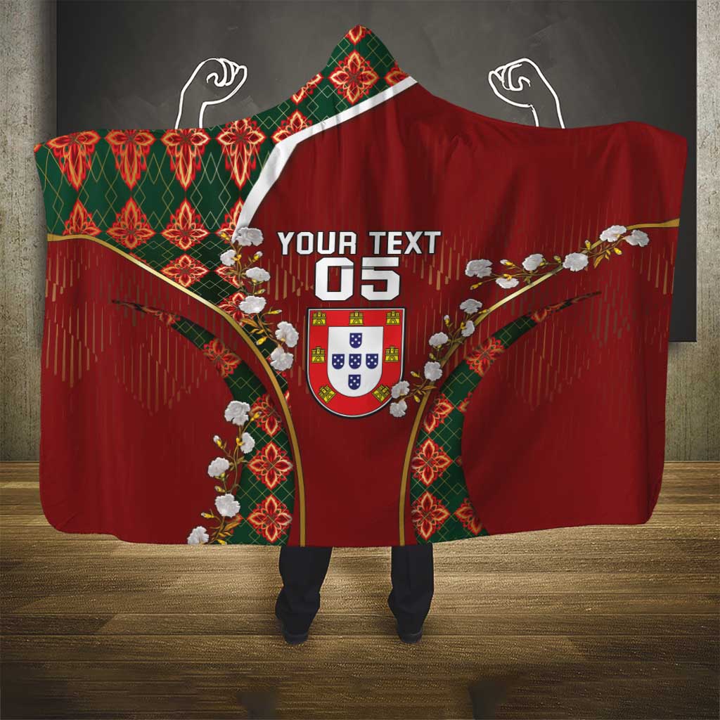 Custom Portugal Football Hooded Blanket Floral Gold Carnation Crest Pattern Gold Accents