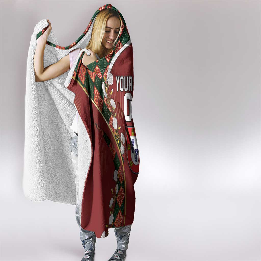 Custom Portugal Football Hooded Blanket Floral Gold Carnation Crest Pattern Gold Accents
