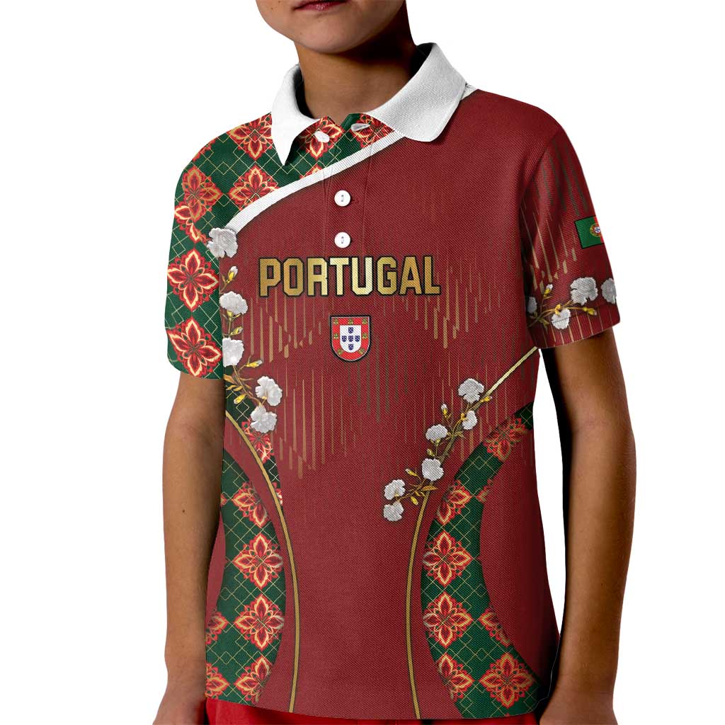 Custom Portugal Football Kid Polo Shirt Floral Gold Carnation Crest Pattern Gold Accents