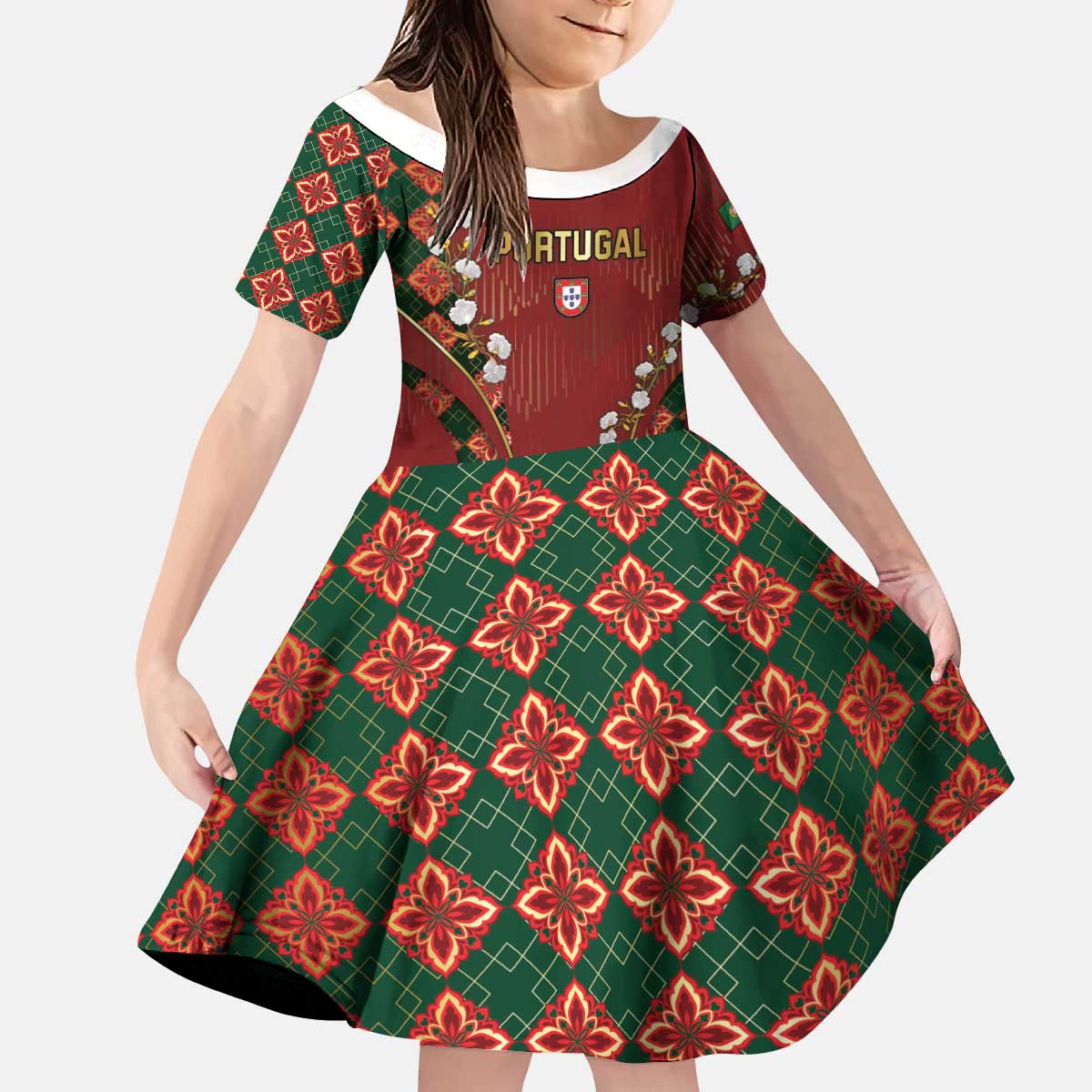 Custom Portugal Football Kid Short Sleeve Dress Floral Gold Carnation Crest Pattern Gold Accents