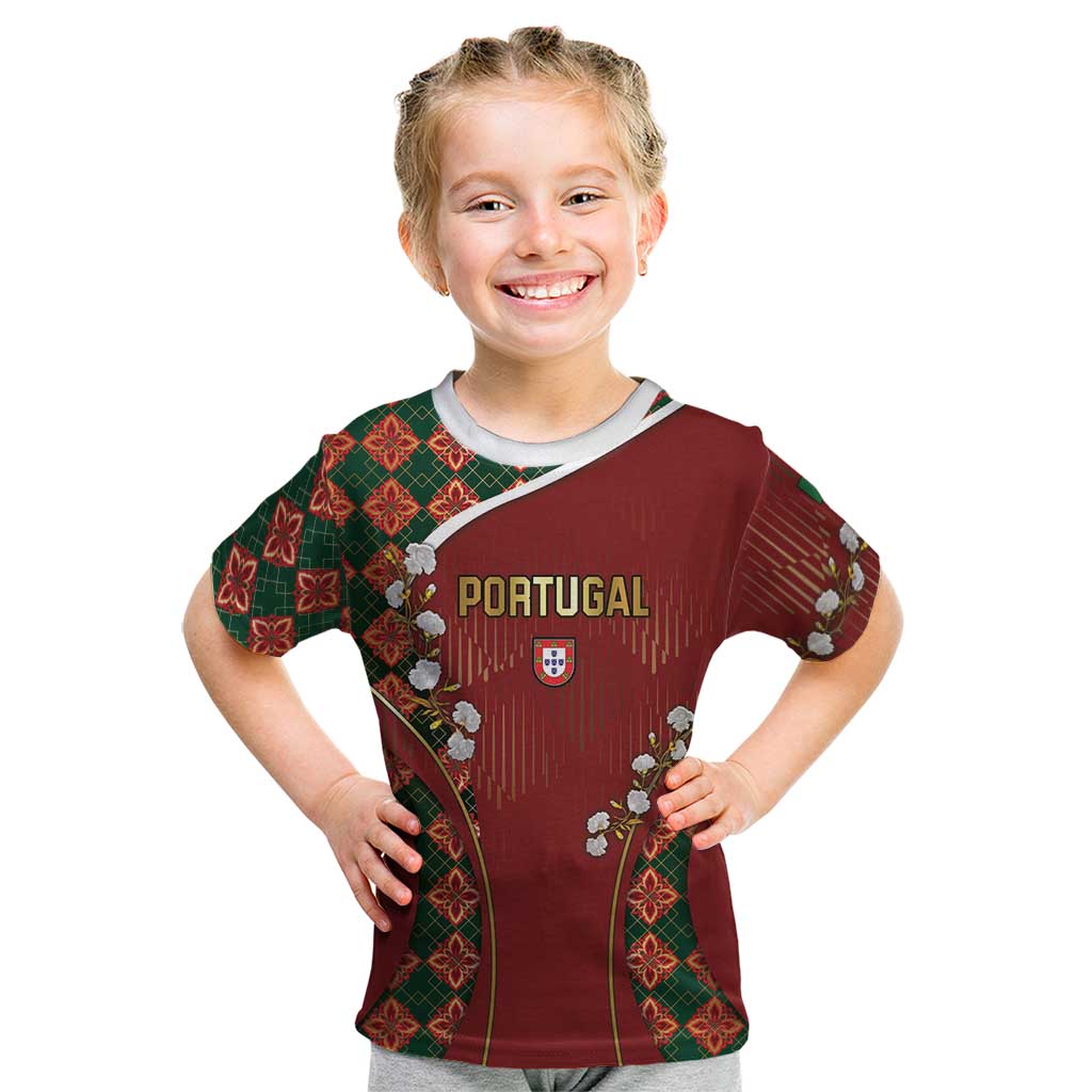 Custom Portugal Football Kid T Shirt Floral Gold Carnation Crest Pattern Gold Accents