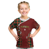 Custom Portugal Football Kid T Shirt Floral Gold Carnation Crest Pattern Gold Accents
