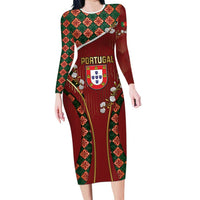 Custom Portugal Football Long Sleeve Bodycon Dress Floral Gold Carnation Crest Pattern Gold Accents