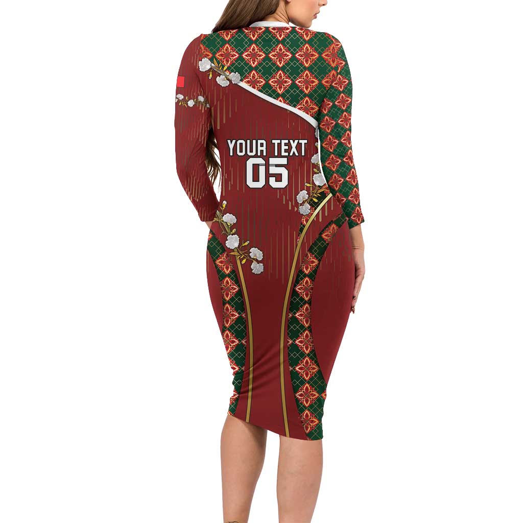 Custom Portugal Football Long Sleeve Bodycon Dress Floral Gold Carnation Crest Pattern Gold Accents