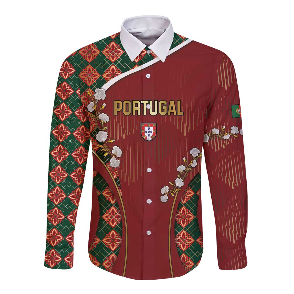 Custom Portugal Football Long Sleeve Button Shirt Floral Gold Carnation Crest Pattern Gold Accents