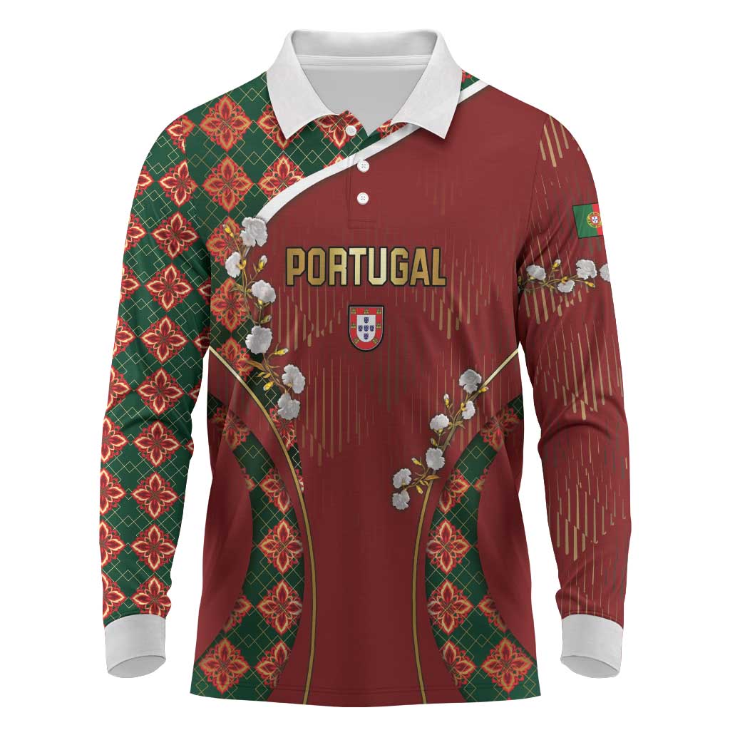 Custom Portugal Football Long Sleeve Polo Shirt Floral Gold Carnation Crest Pattern Gold Accents
