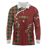 Custom Portugal Football Long Sleeve Polo Shirt Floral Gold Carnation Crest Pattern Gold Accents