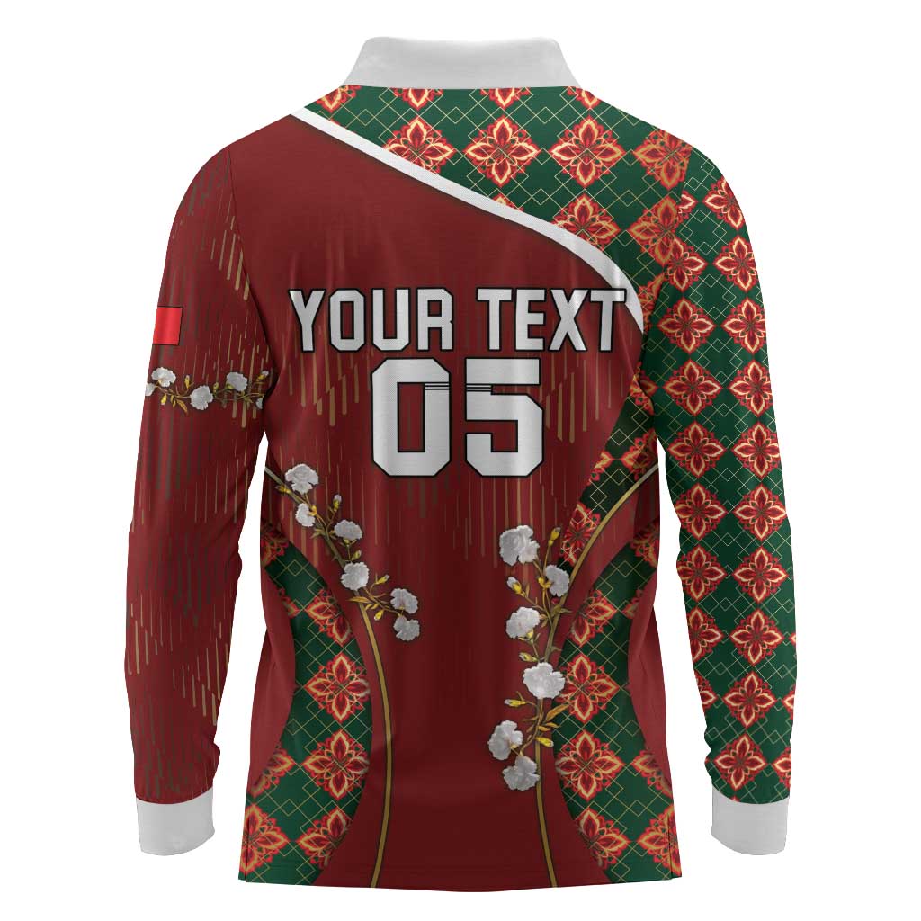 Custom Portugal Football Long Sleeve Polo Shirt Floral Gold Carnation Crest Pattern Gold Accents
