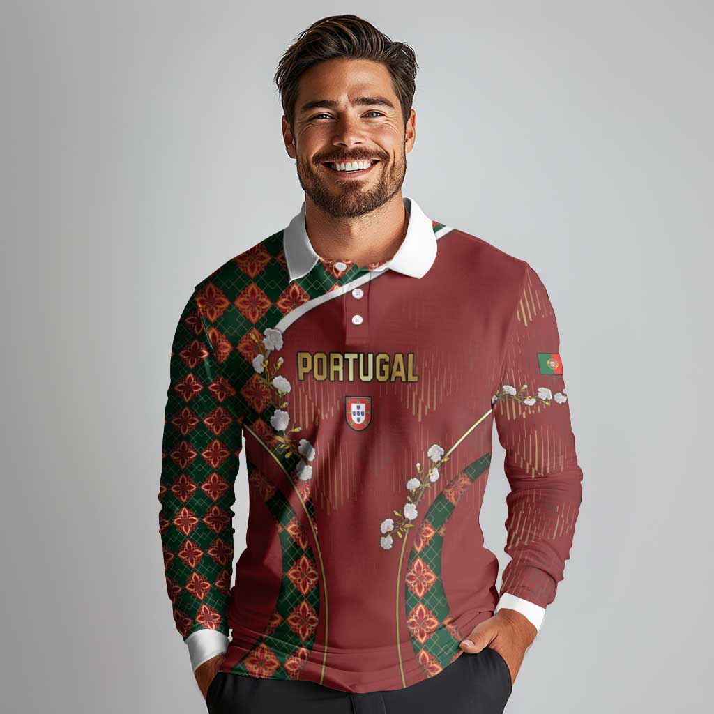 Custom Portugal Football Long Sleeve Polo Shirt Floral Gold Carnation Crest Pattern Gold Accents