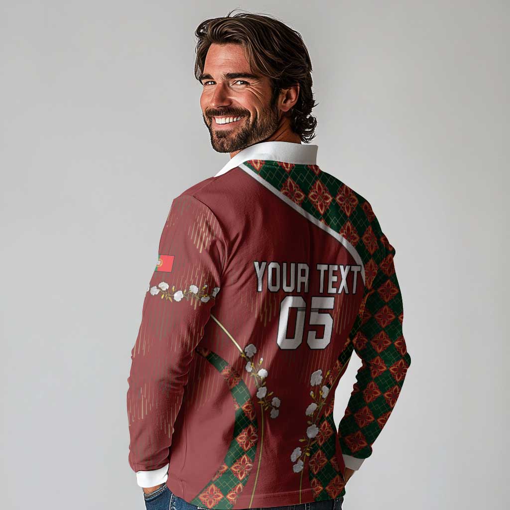 Custom Portugal Football Long Sleeve Polo Shirt Floral Gold Carnation Crest Pattern Gold Accents