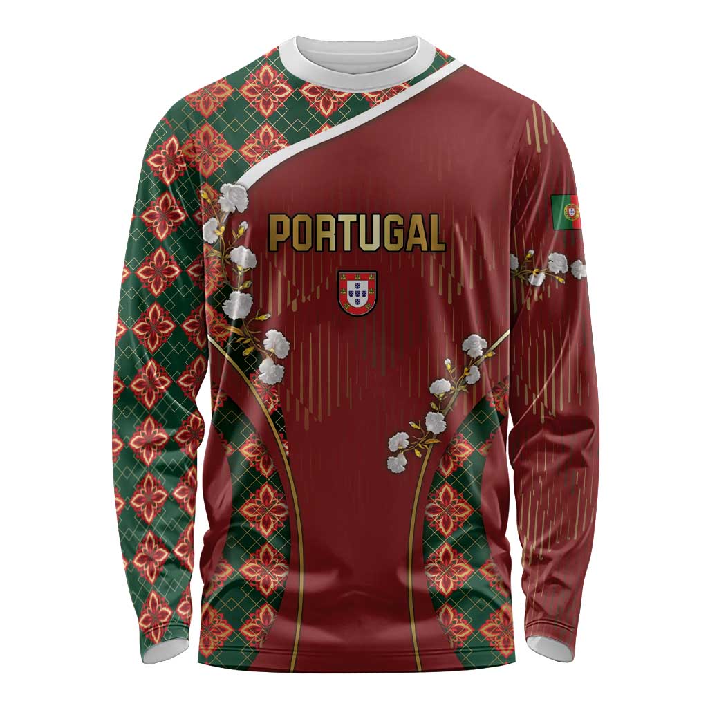 Custom Portugal Football Long Sleeve Shirt Floral Gold Carnation Crest Pattern Gold Accents