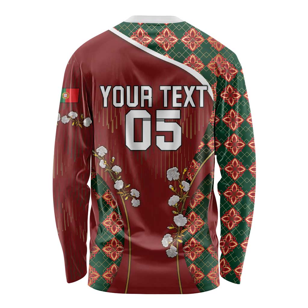 Custom Portugal Football Long Sleeve Shirt Floral Gold Carnation Crest Pattern Gold Accents