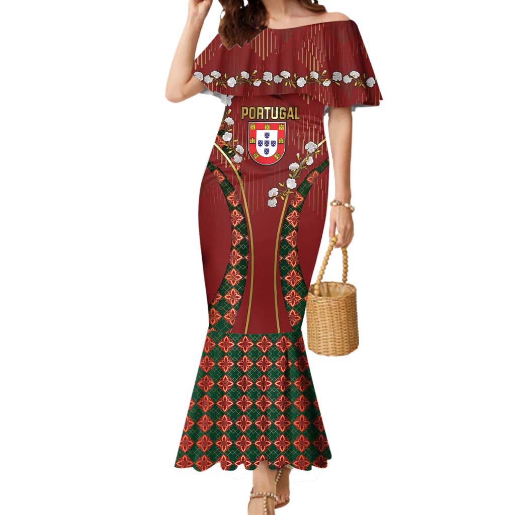 Custom Portugal Football Mermaid Dress Floral Gold Carnation Crest Pattern Gold Accents