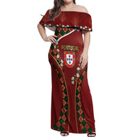 Custom Portugal Football Off Shoulder Maxi Dress Floral Gold Carnation Crest Pattern Gold Accents