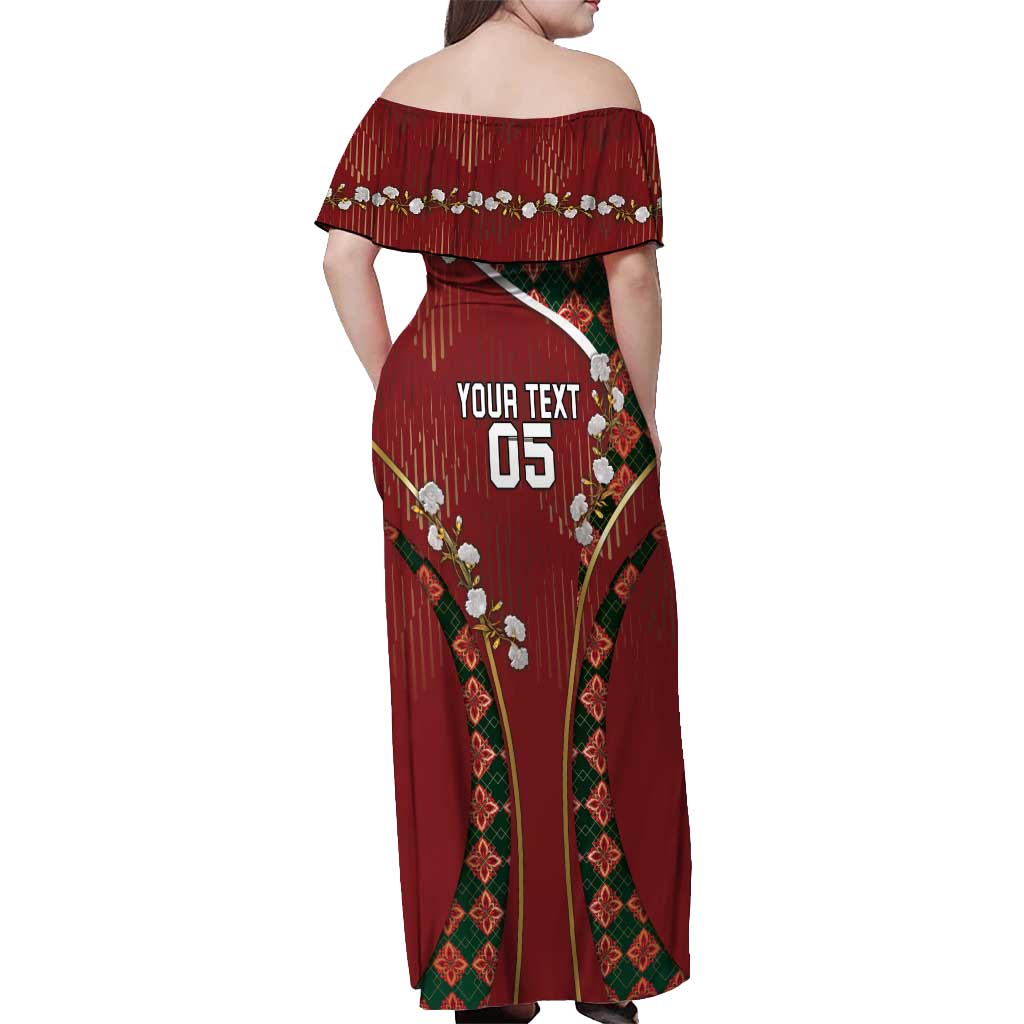 Custom Portugal Football Off Shoulder Maxi Dress Floral Gold Carnation Crest Pattern Gold Accents