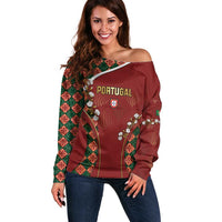 Custom Portugal Football Off Shoulder Sweater Floral Gold Carnation Crest Pattern Gold Accents