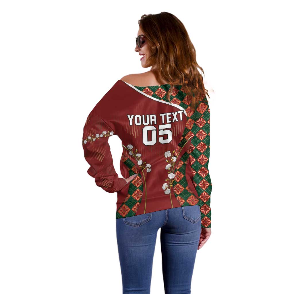 Custom Portugal Football Off Shoulder Sweater Floral Gold Carnation Crest Pattern Gold Accents