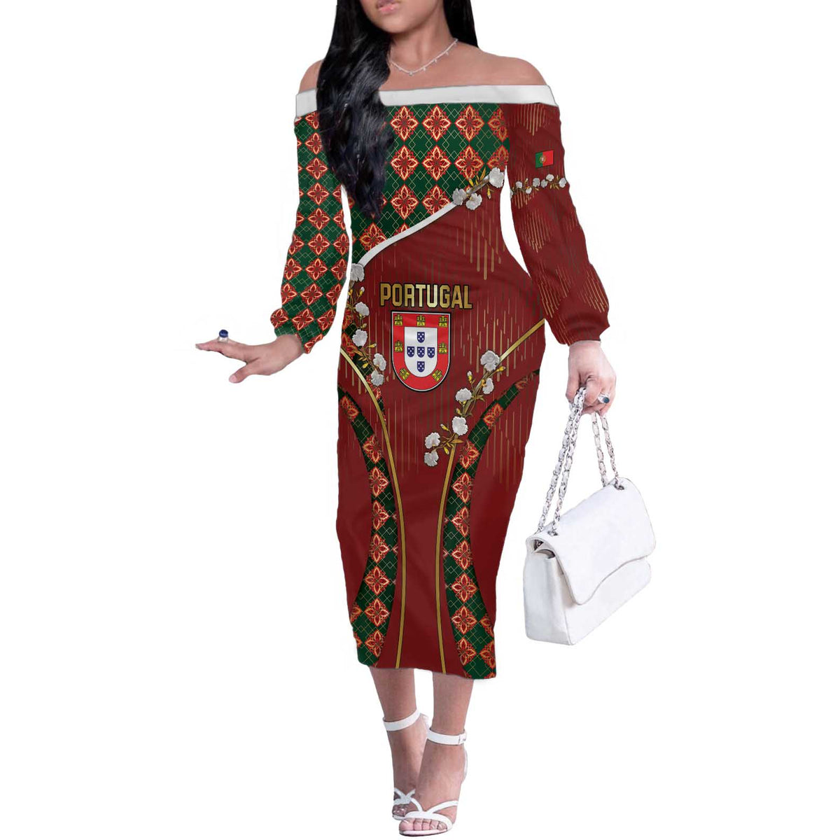 Custom Portugal Football Off The Shoulder Long Sleeve Dress Floral Gold Carnation Crest Pattern Gold Accents