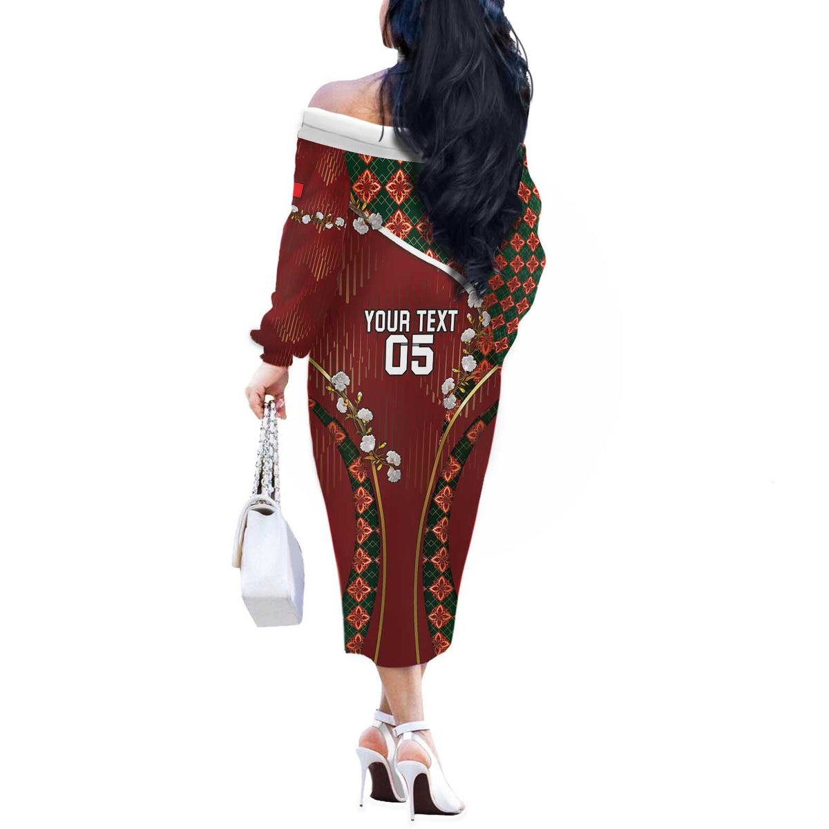 Custom Portugal Football Off The Shoulder Long Sleeve Dress Floral Gold Carnation Crest Pattern Gold Accents