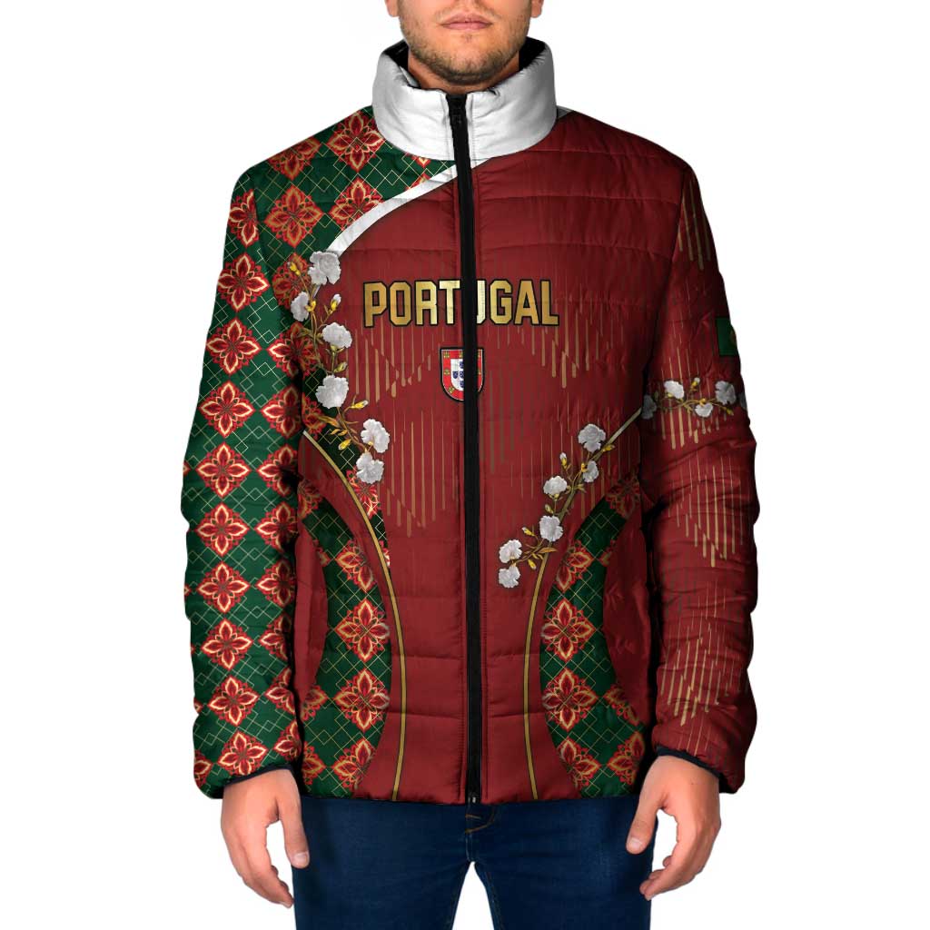 Custom Portugal Football Padded Jacket Floral Gold Carnation Crest Pattern Gold Accents