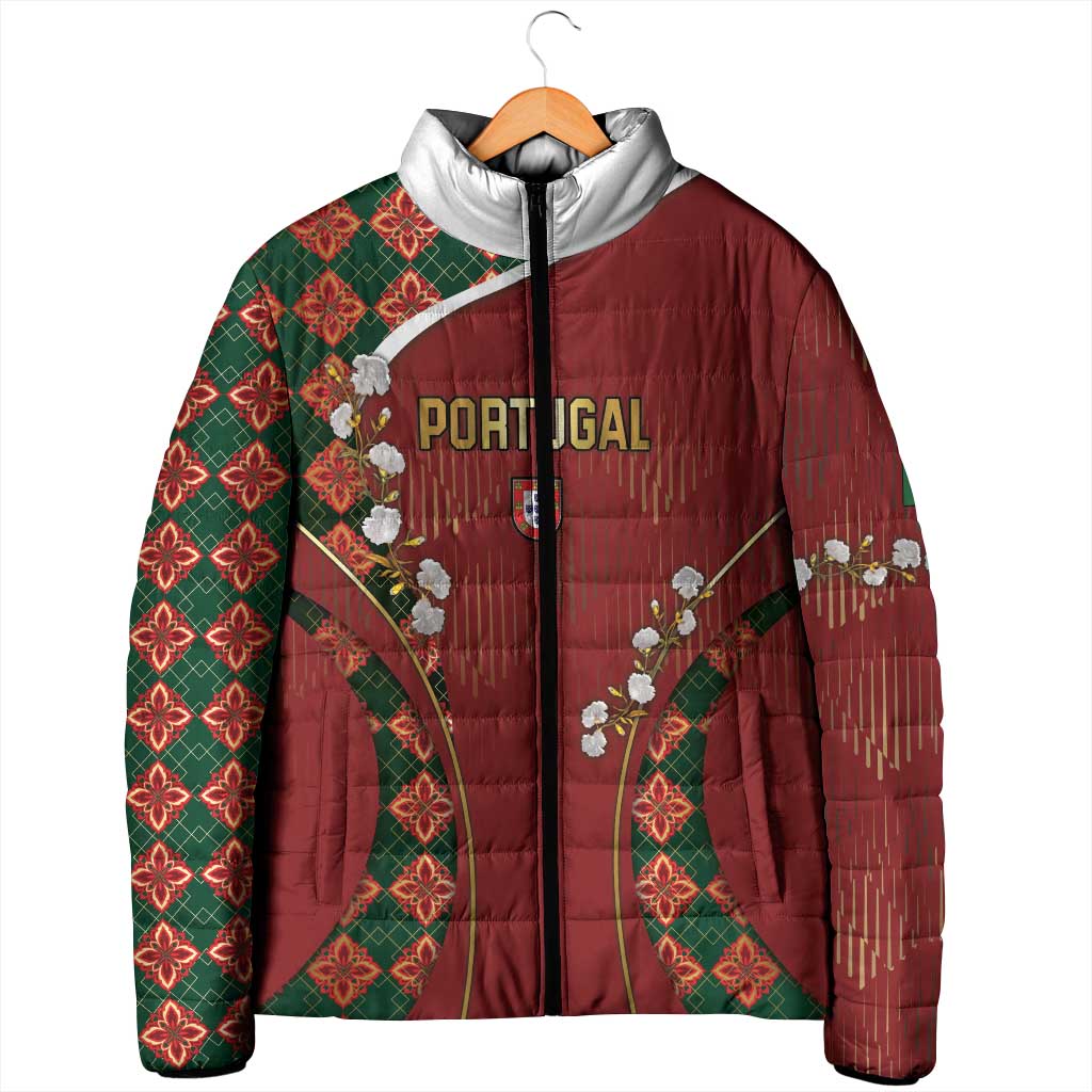 Custom Portugal Football Padded Jacket Floral Gold Carnation Crest Pattern Gold Accents