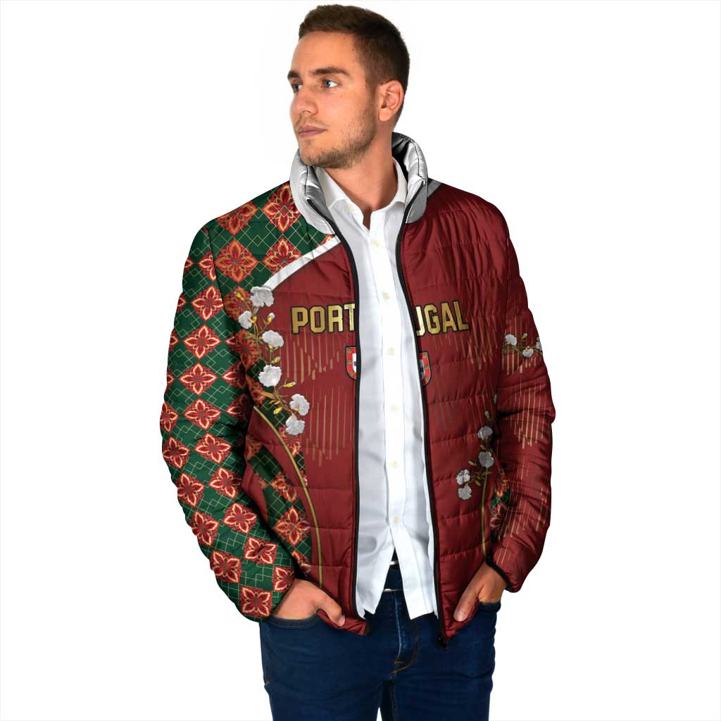 Custom Portugal Football Padded Jacket Floral Gold Carnation Crest Pattern Gold Accents