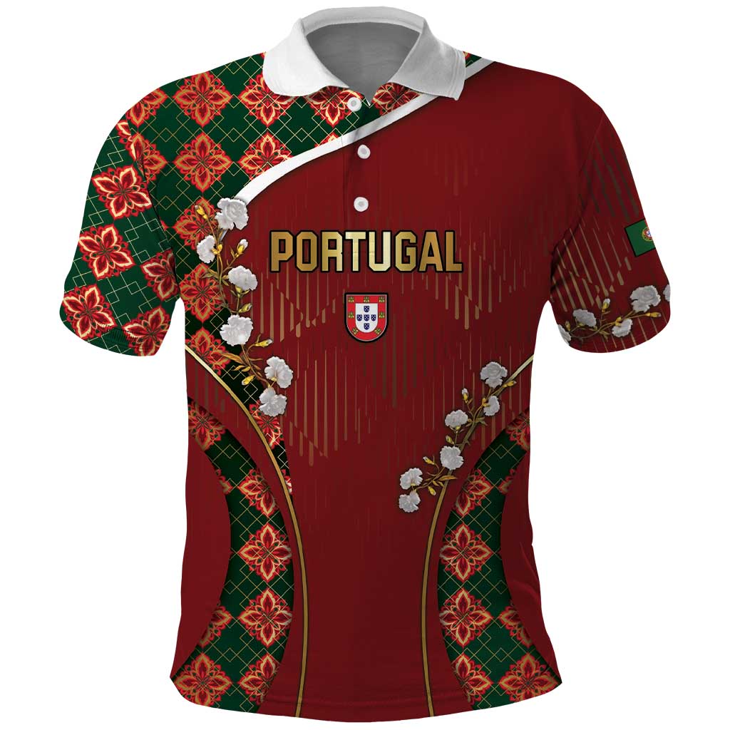 Custom Portugal Football Polo Shirt Floral Gold Carnation Crest Pattern Gold Accents