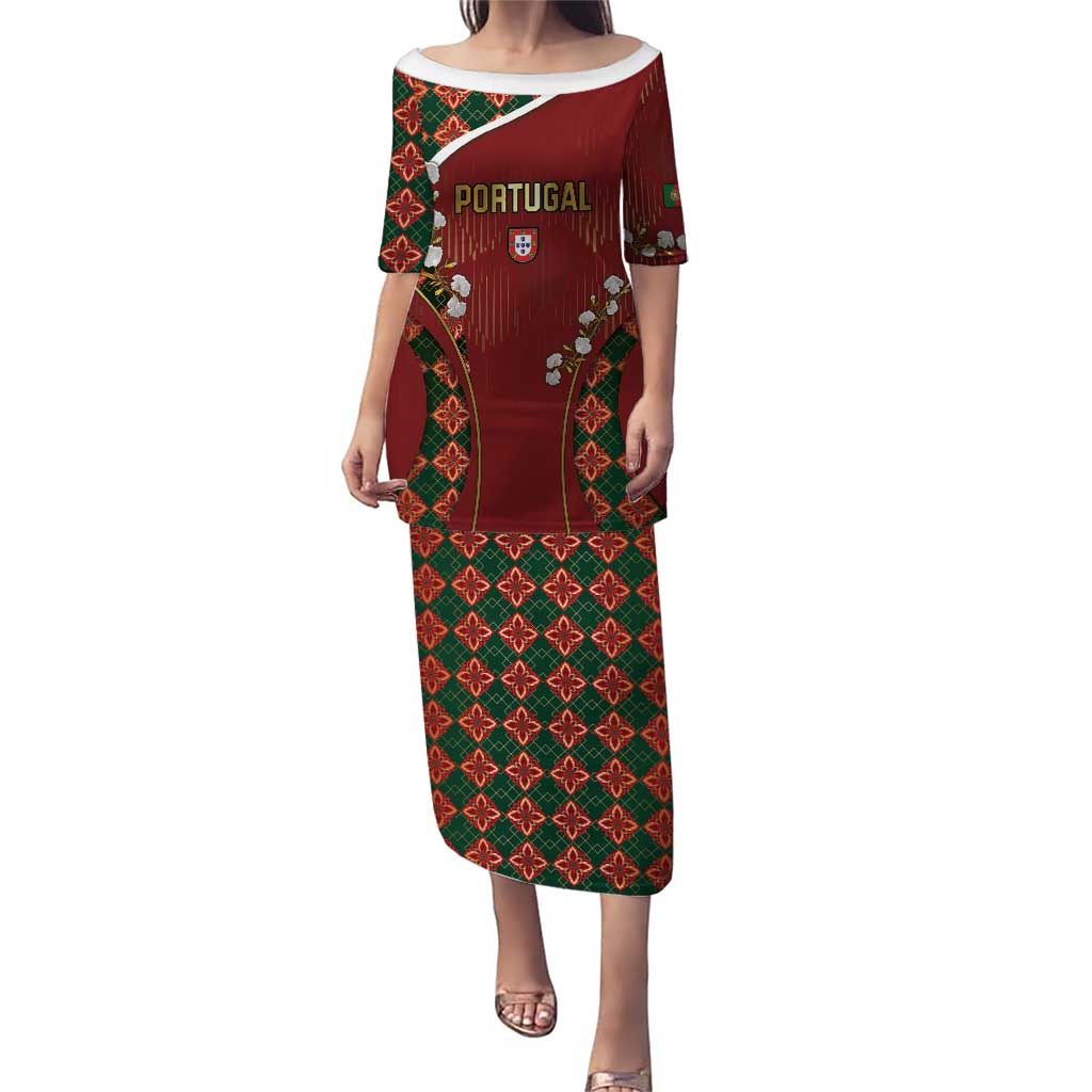 Custom Portugal Football Puletasi Floral Gold Carnation Crest Pattern Gold Accents