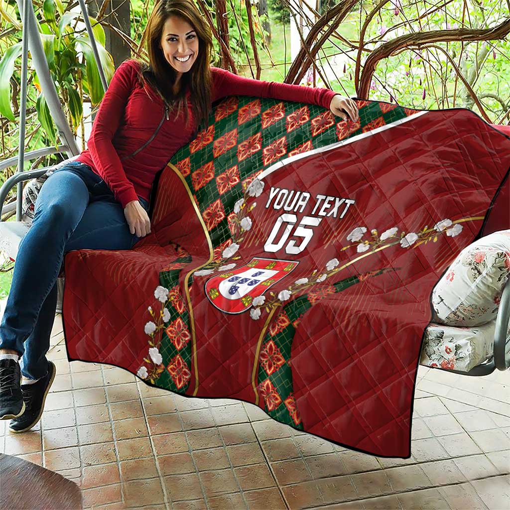 Custom Portugal Football Quilt Floral Gold Carnation Crest Pattern Gold Accents