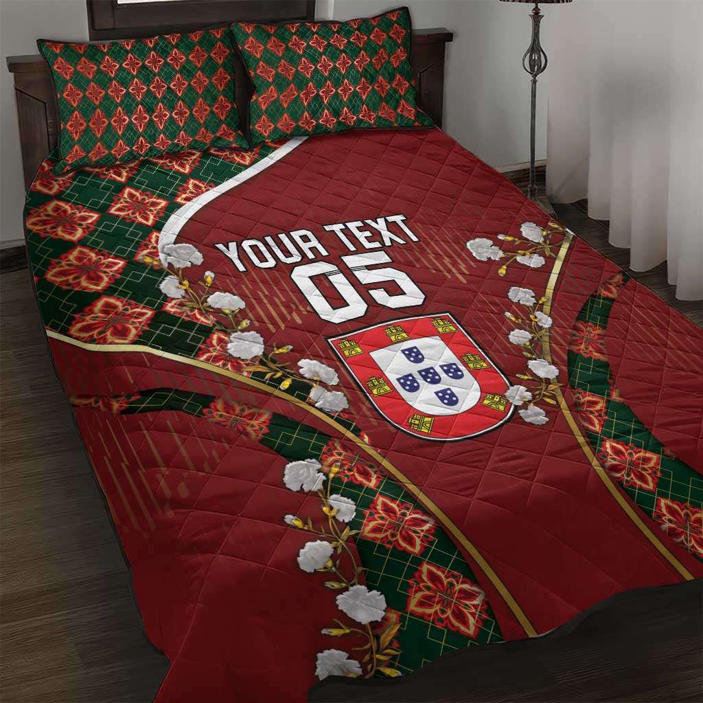 Custom Portugal Football Quilt Bed Set Floral Gold Carnation Crest Pattern Gold Accents