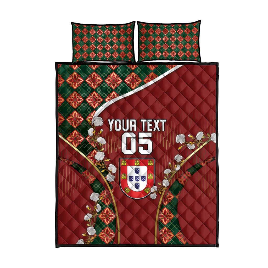 Custom Portugal Football Quilt Bed Set Floral Gold Carnation Crest Pattern Gold Accents