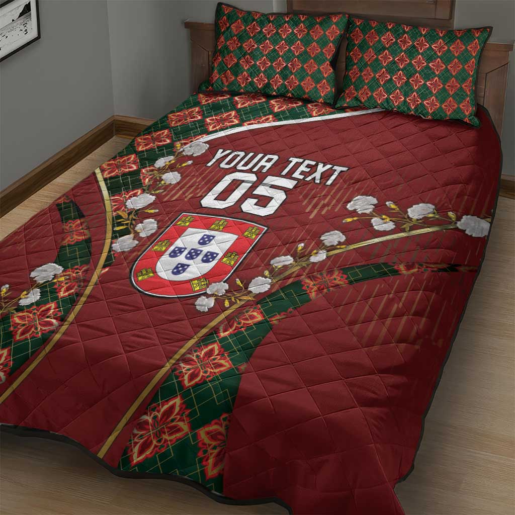 Custom Portugal Football Quilt Bed Set Floral Gold Carnation Crest Pattern Gold Accents