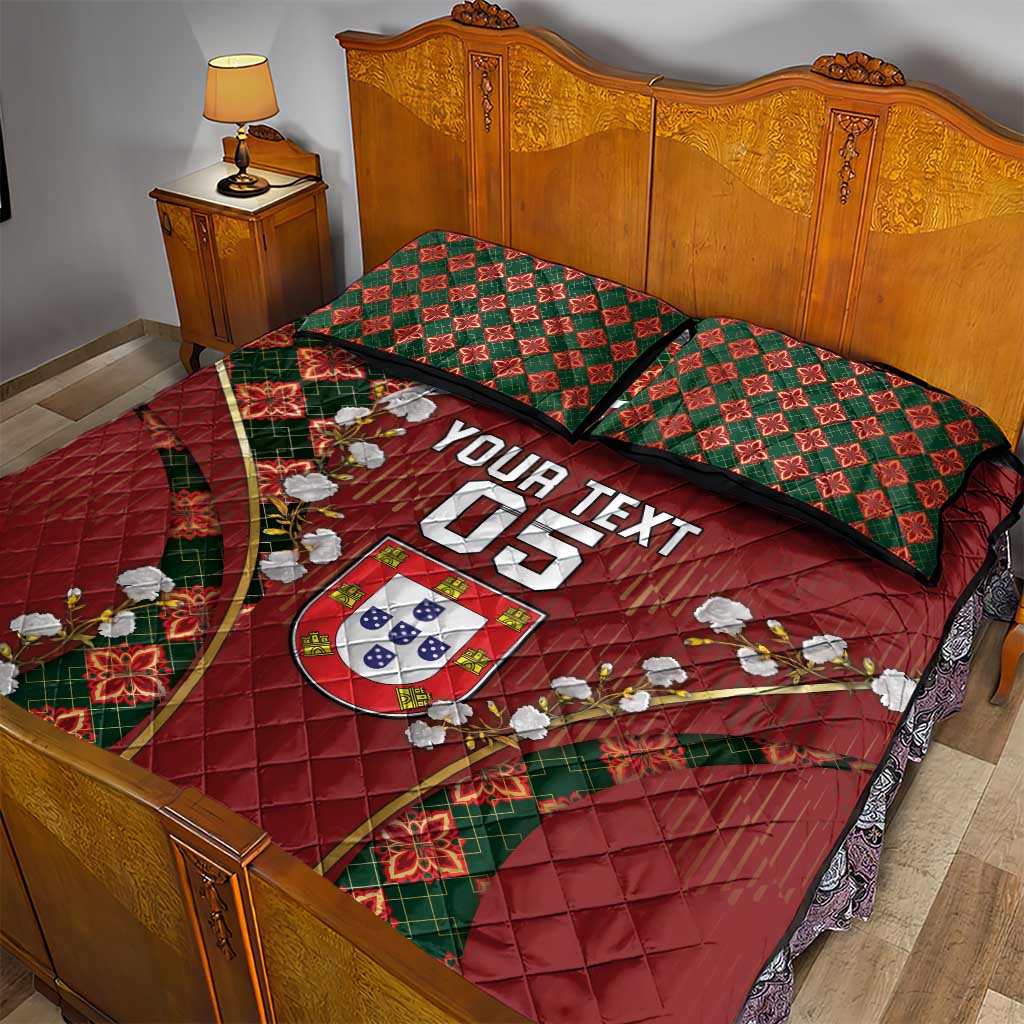 Custom Portugal Football Quilt Bed Set Floral Gold Carnation Crest Pattern Gold Accents